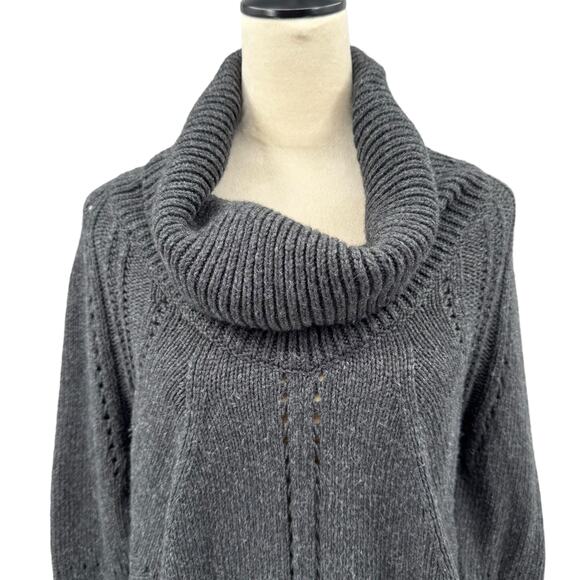 LOFT Charcoal Gray Wool Blend Open Knit Cowl Neck Asymmetrical Hem Sweater - Picture 4 of 11